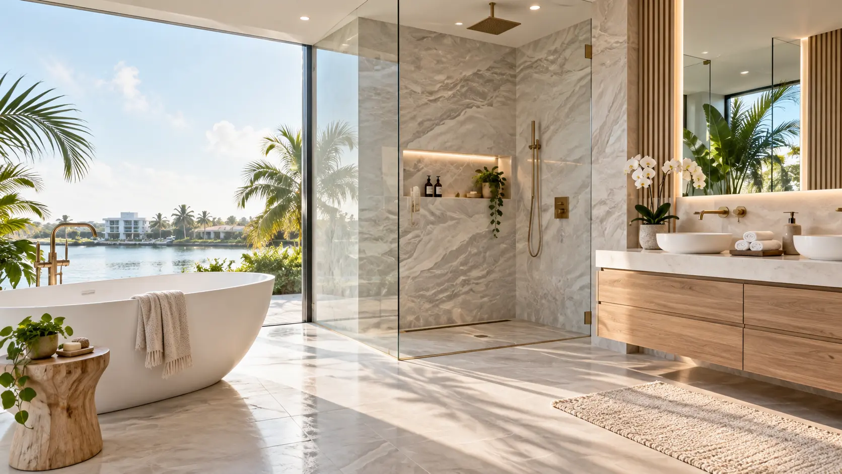 Coastal bathroom remodel design with freestanding tub, oak vanity and frameless glass shower
