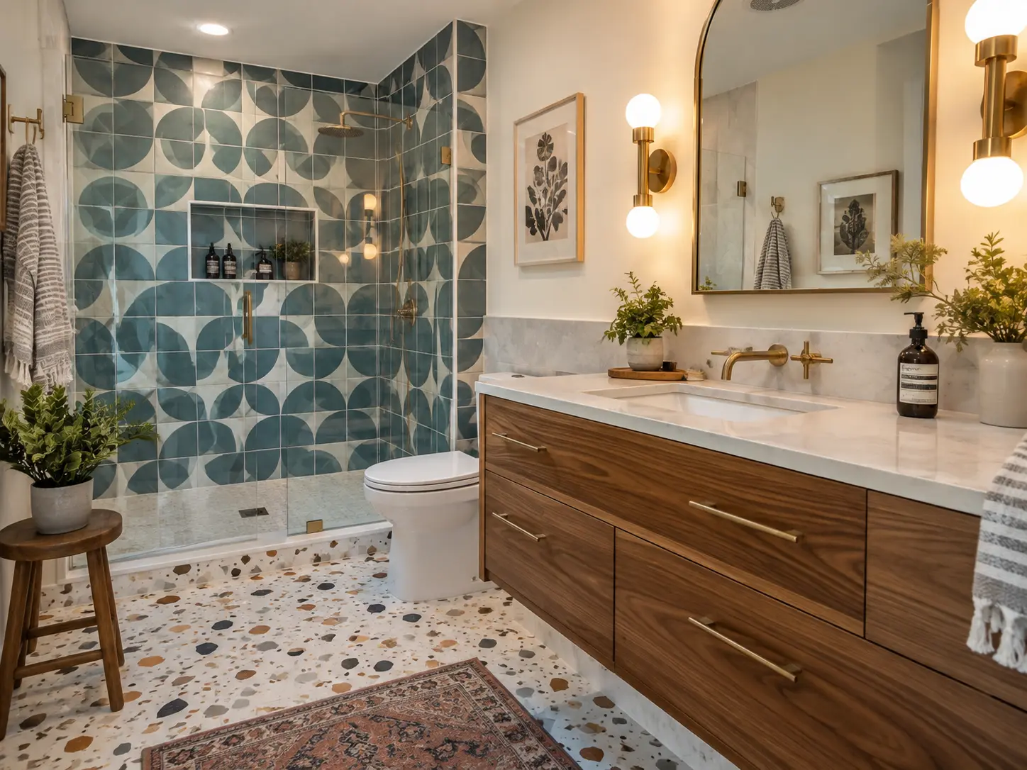 Bathroom with teal geometric statement tile shower, walnut vanity and terrazzo floor